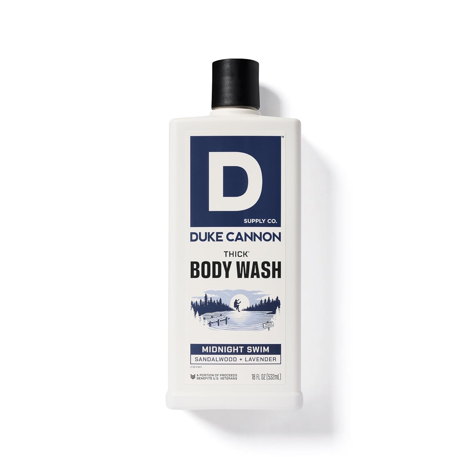 Duke Cannon bottle in palm for size comparison and long-lasting use