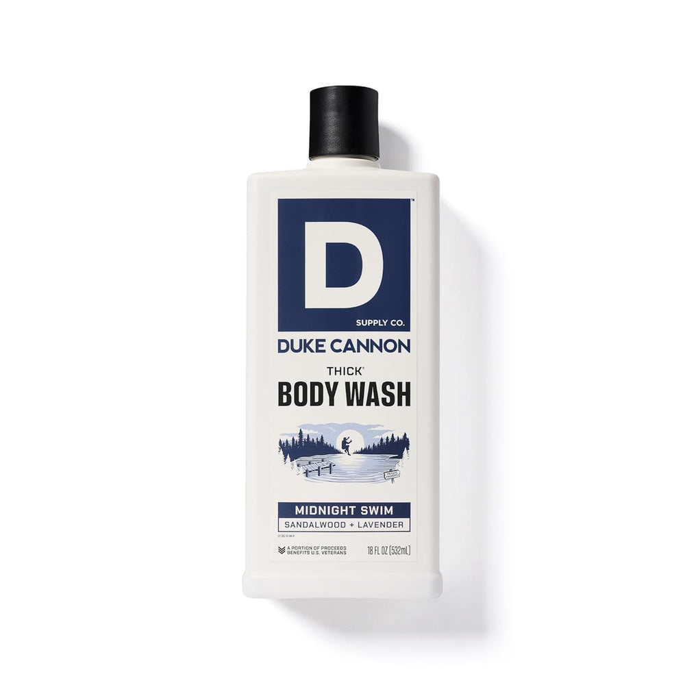 Duke Cannon bottle in palm for size comparison and long-lasting use