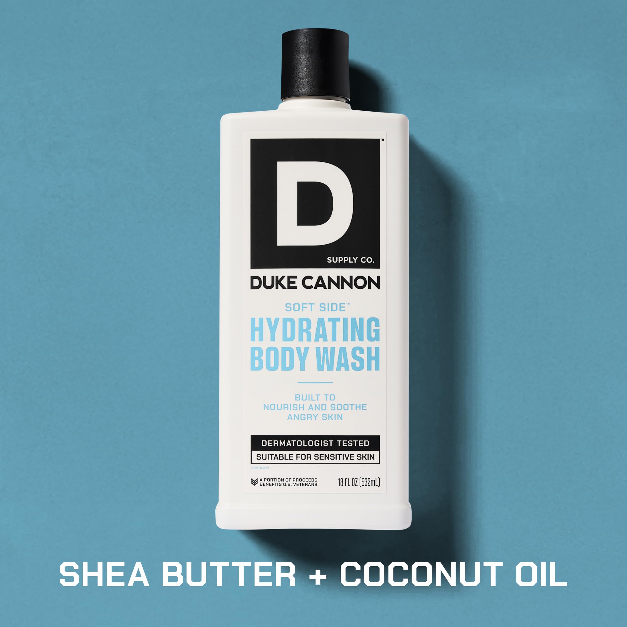 Duke Cannon pump and label closeup highlighting easy dispensing benefit