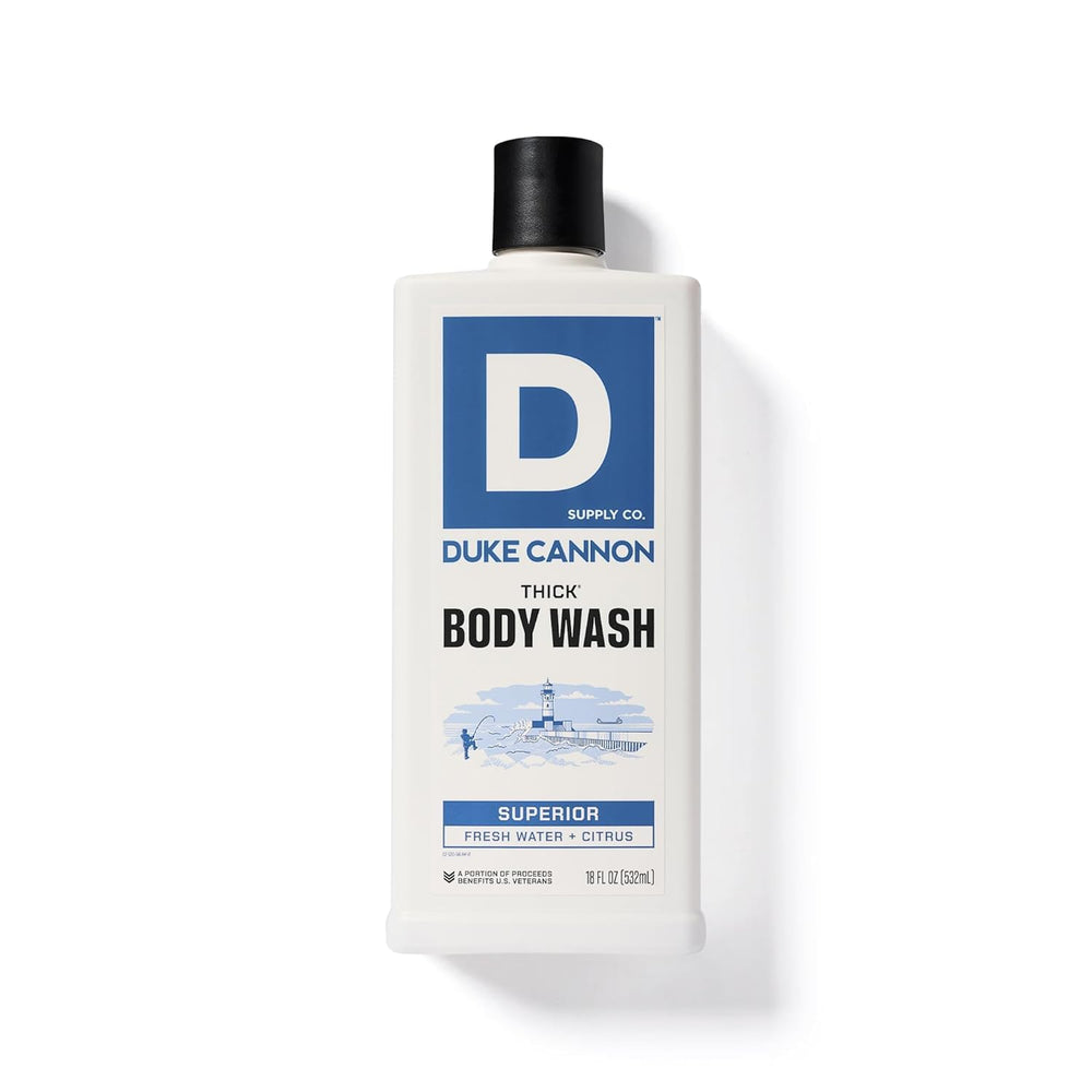 Duke Cannon bottle placed on shower shelf suggesting everyday use and durable design