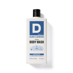 Duke Cannon bottle placed on shower shelf suggesting everyday use and durable design