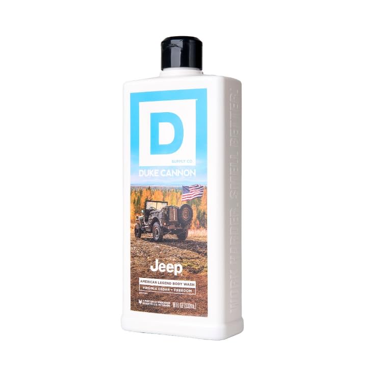 Duke Cannon bottle size comparison with common bottle showing 18 oz capacity for extended use
