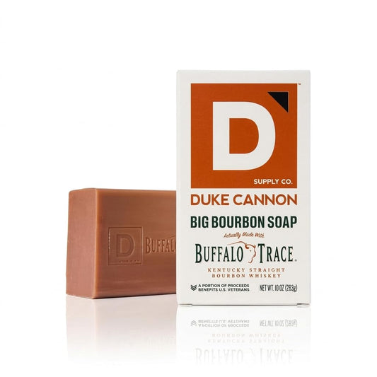 Duke Cannon bottle-shaped packaging front shows bold bourbon scent benefit