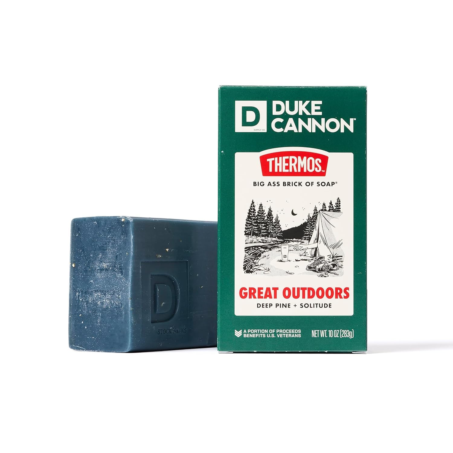 Duke Cannon front packaging showing bold branding and pine scent benefit