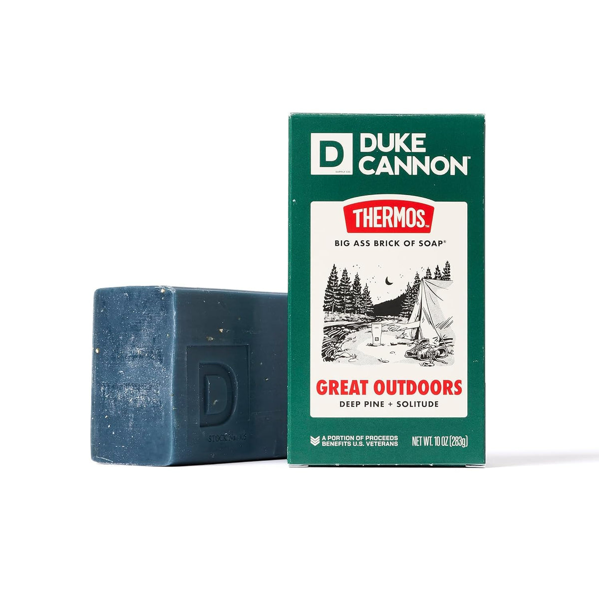 Duke Cannon front packaging showing bold branding and pine scent benefit