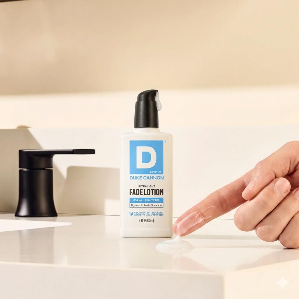 Duke Cannon tube on bathroom shelf in lifestyle setting suggesting daily grooming routine