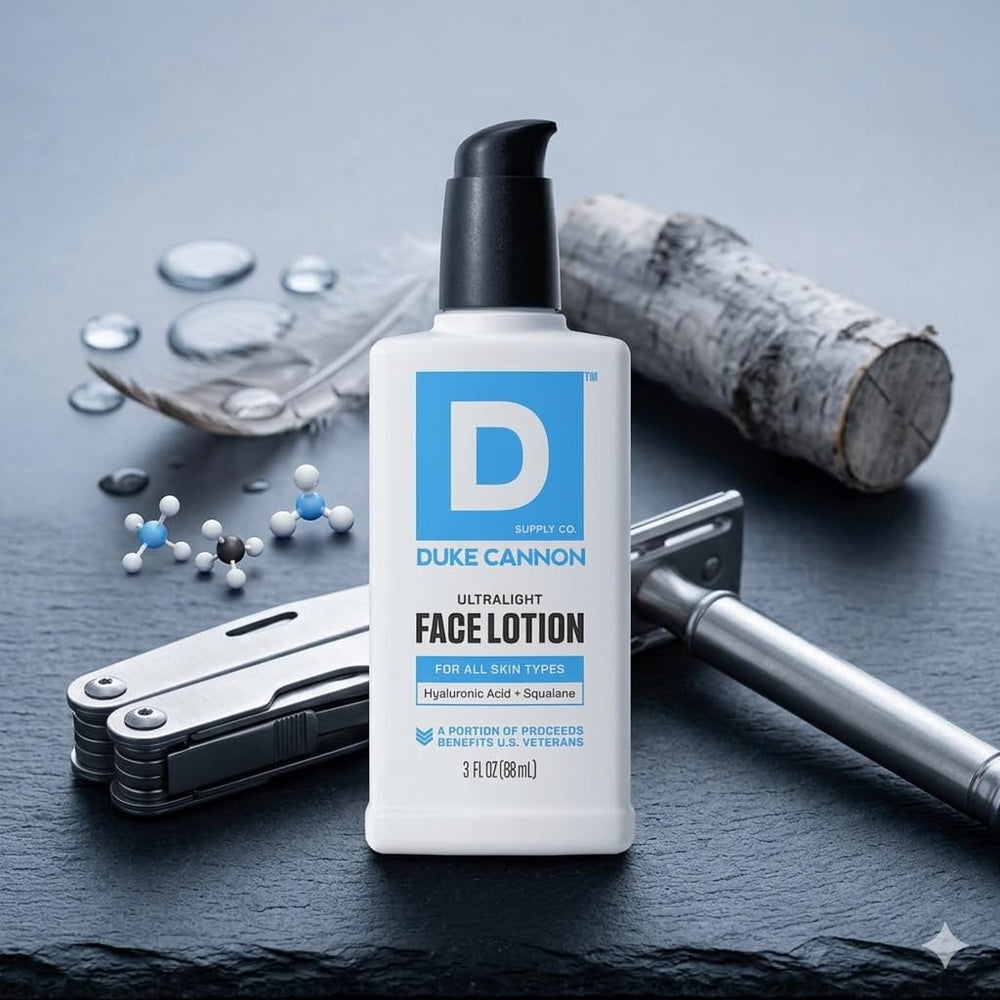 Duke Cannon lotion texture close-up showing lightweight cream for quick absorption