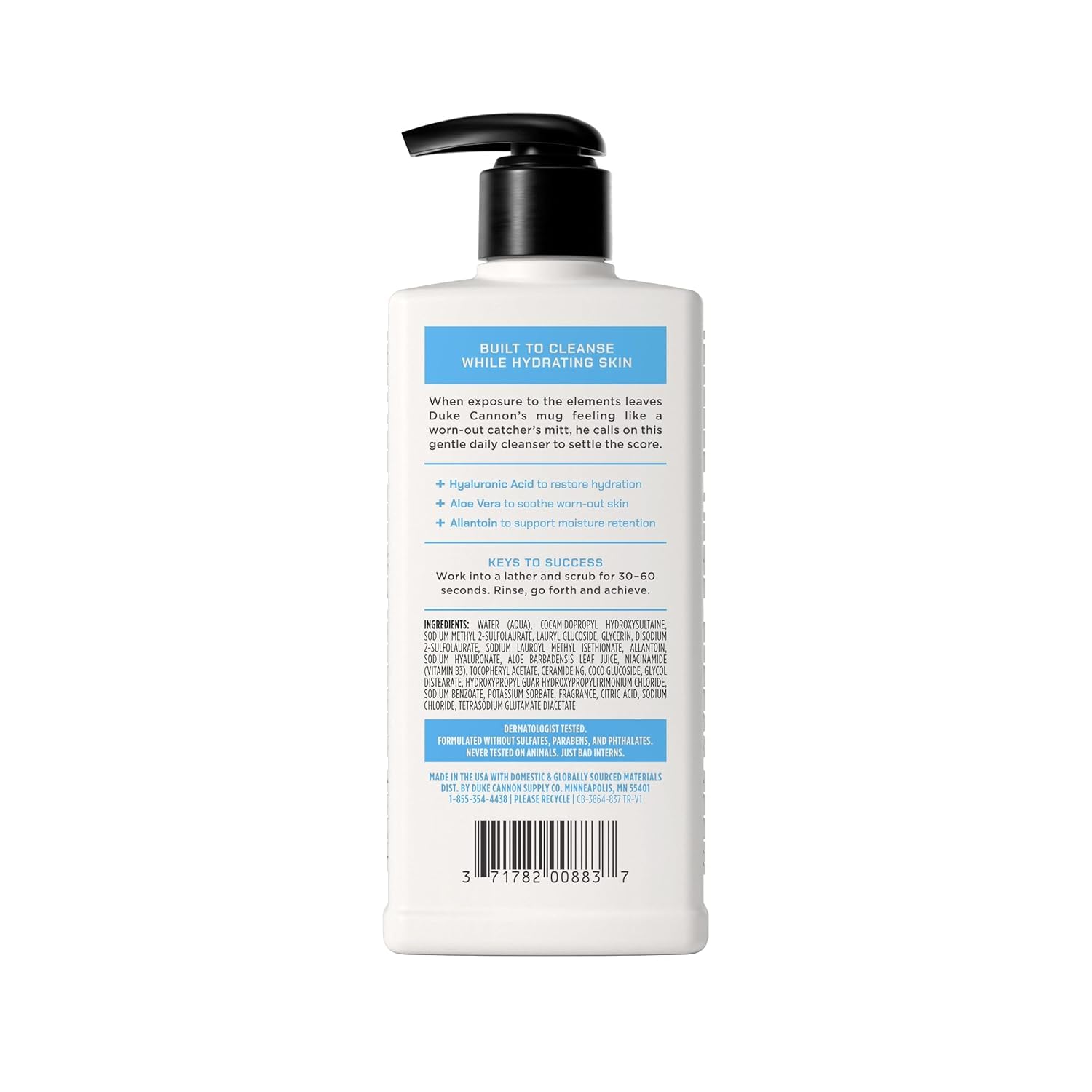 Duke Cannon texture close-up on pump highlighting creamy hydrating formula for comfortable cleansing