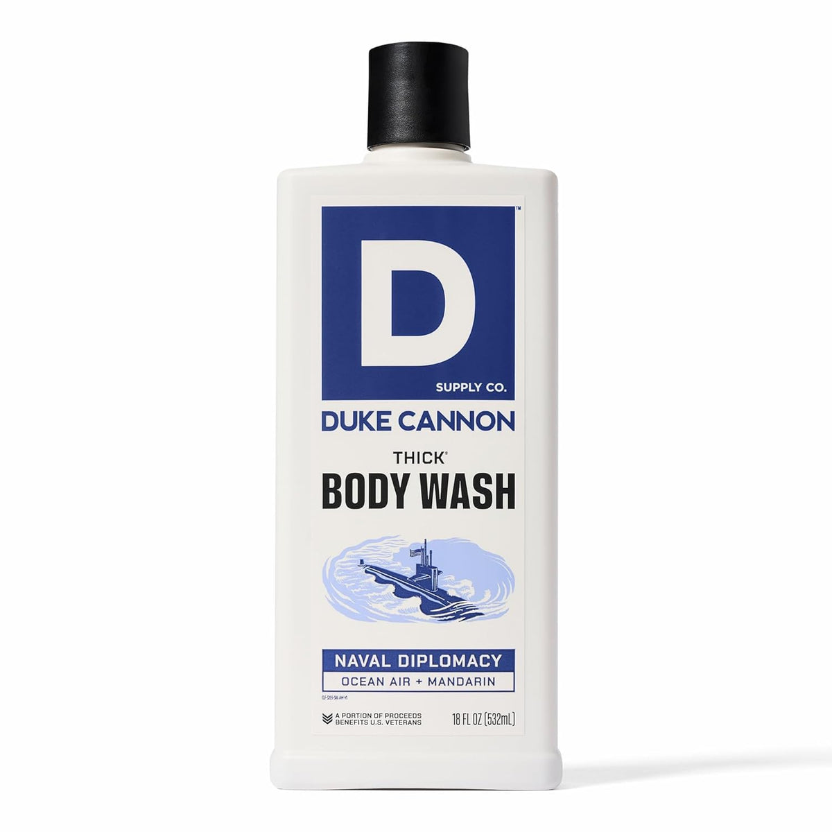 Duke Cannon front bottle showing sturdy packaging and clear branding benefit