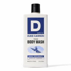 Duke Cannon front bottle showing sturdy packaging and clear branding benefit