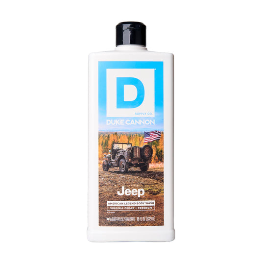 Duke Cannon front packaging showing American Legend label and robust 18 oz bottle benefit: long-lasting supply