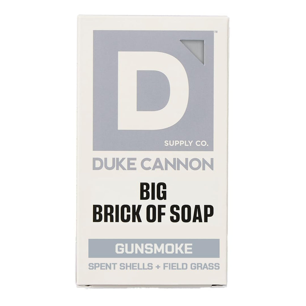 Duke Cannon Gun Smoke front view shows large 10 oz brick and bold label benefit longevity