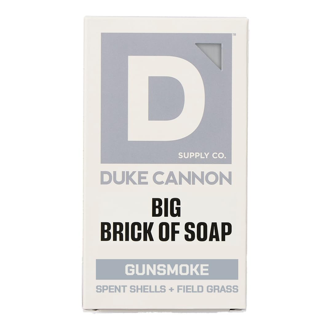 Duke Cannon Gun Smoke front view shows large 10 oz brick and bold label benefit longevity