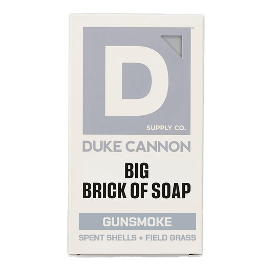 Duke Cannon Gun Smoke front view shows large 10 oz brick and bold label benefit longevity