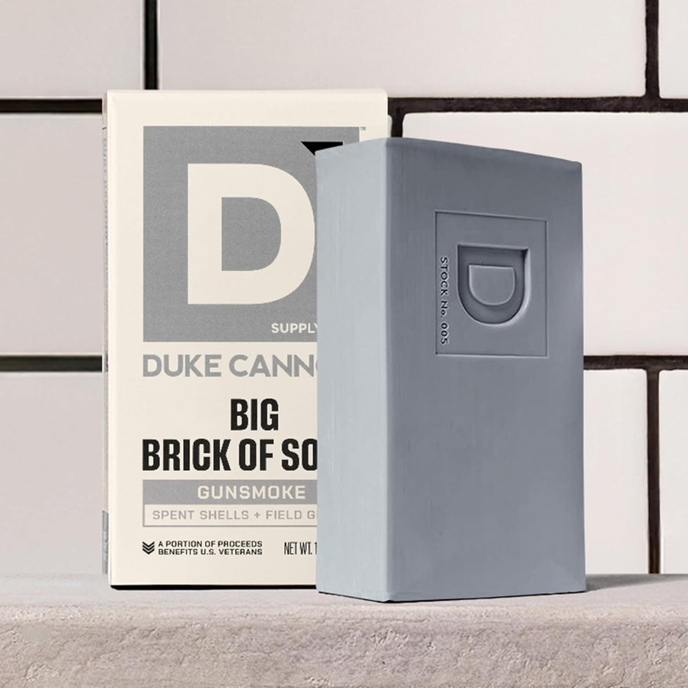 Duke Cannon Gun Smoke label and ingredients close shot showing brand and scent details
