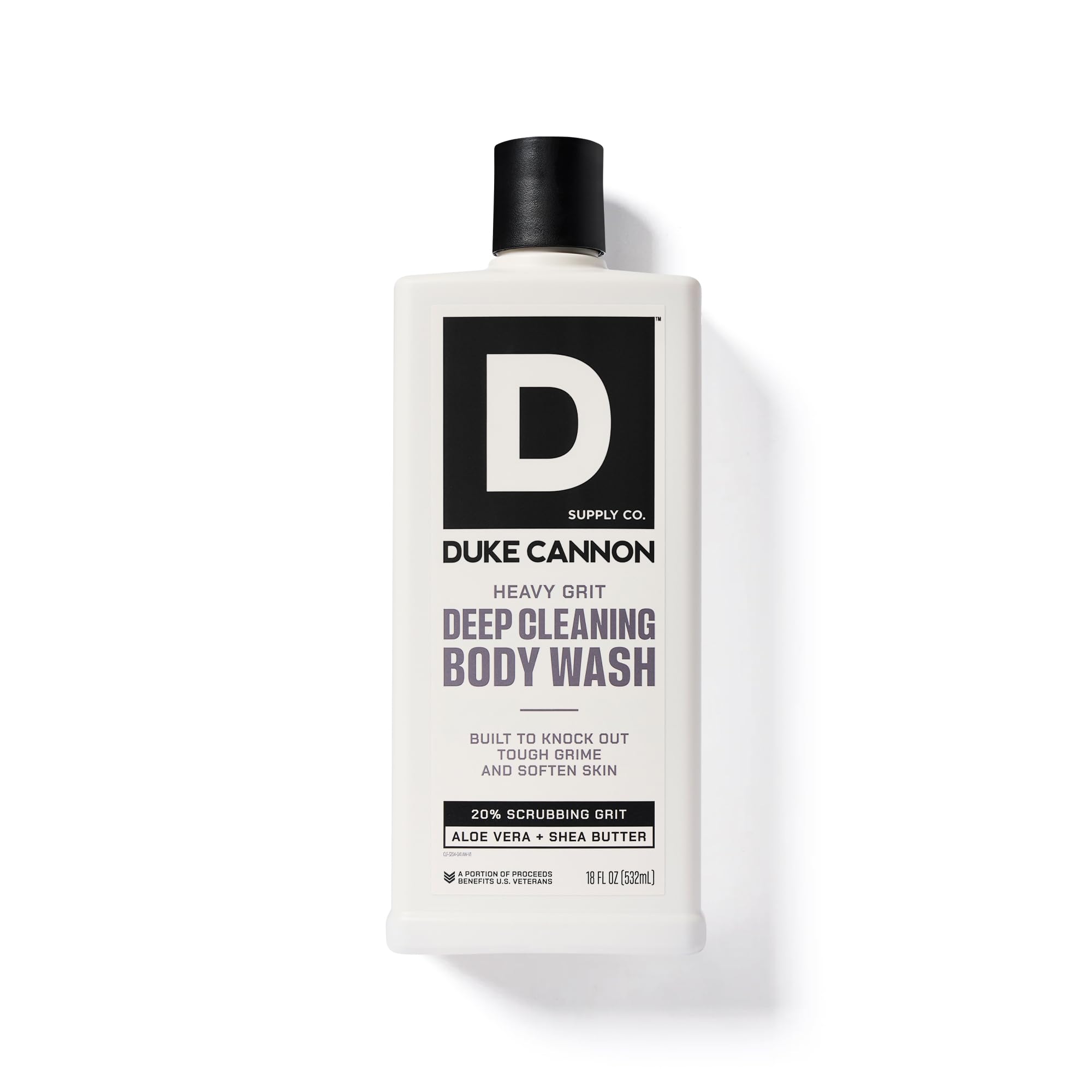 Duke Cannon beside common items showing 18oz size and long-lasting value benefit