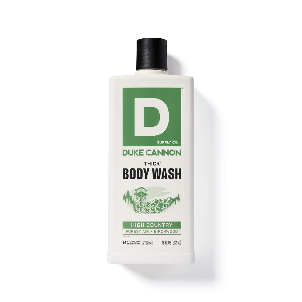 Duke Cannon bottle next to common items to show 18 oz scale and lasting value