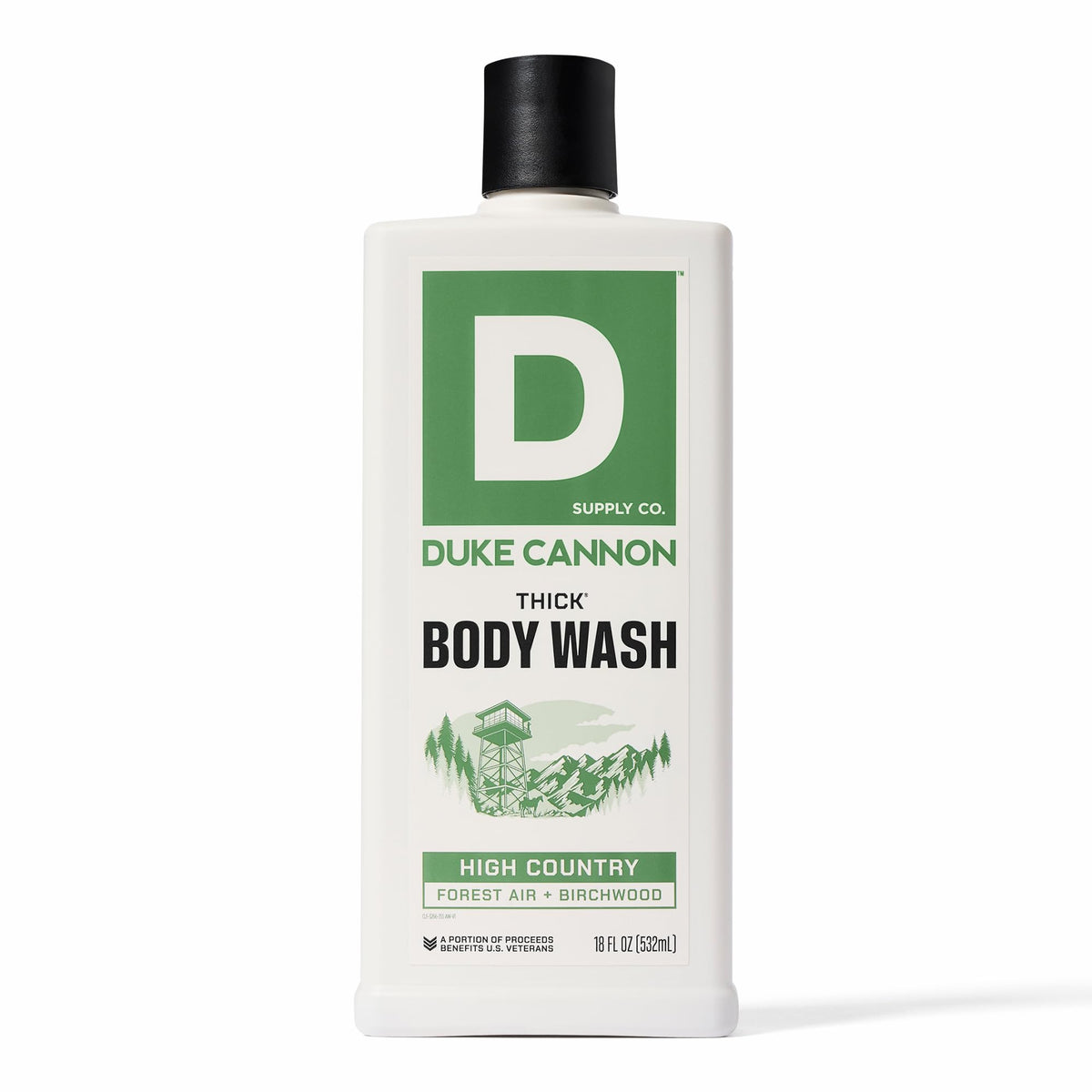 Duke Cannon front packaging showing bold label and 18 oz bottle benefit: durable supply