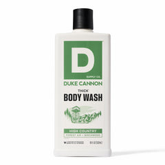Duke Cannon front packaging showing bold label and 18 oz bottle benefit: durable supply