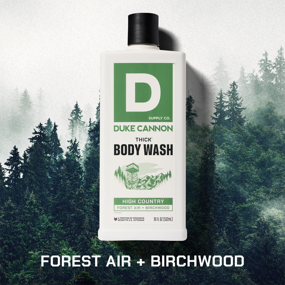 Duke Cannon pouring thick body wash on hand to show controlled application and less waste