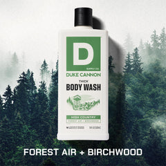 Duke Cannon pouring thick body wash on hand to show controlled application and less waste