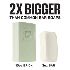 Duke Cannon bar in hand for scale illustrating large 10 oz practical size