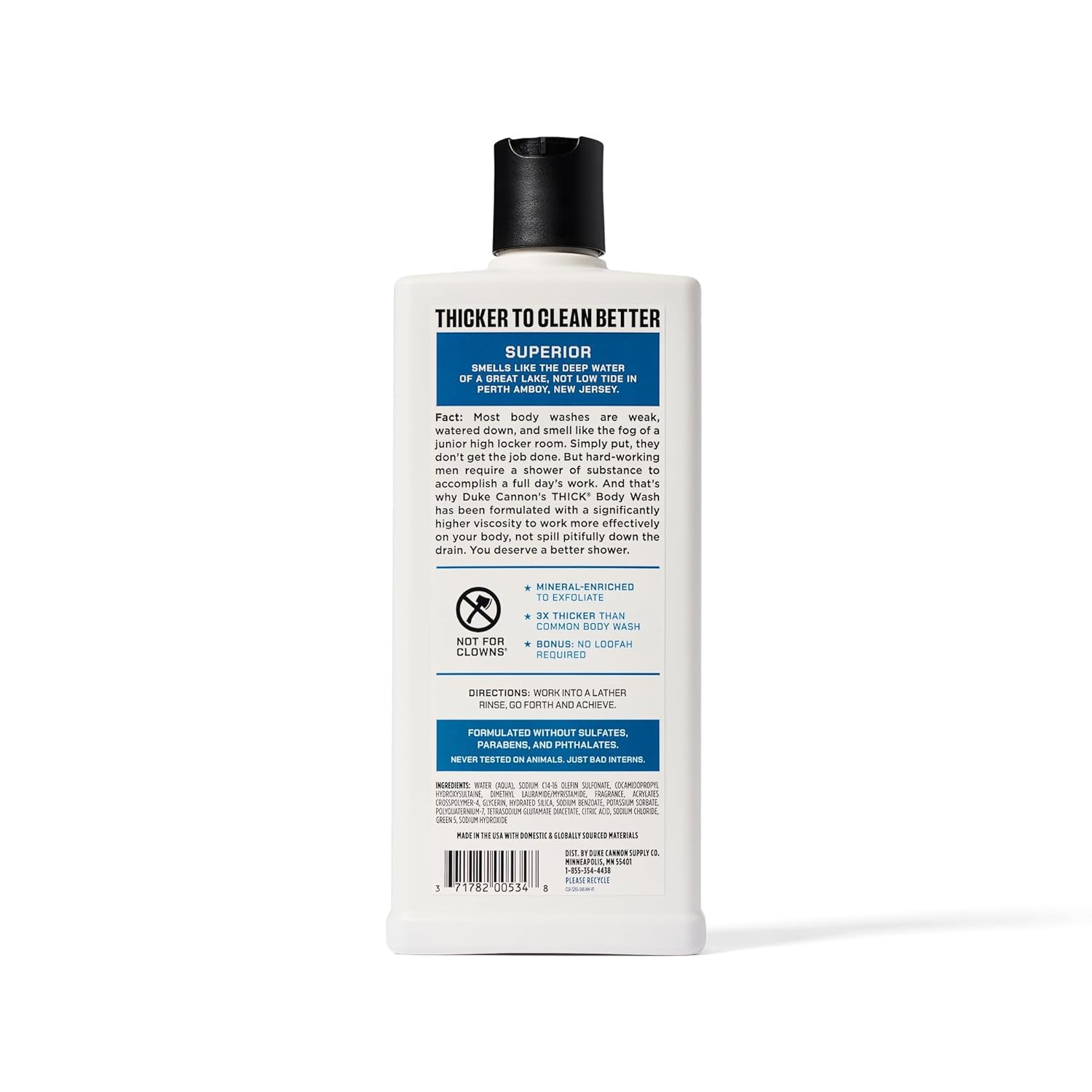 Duke Cannon label closeup highlighting ingredients and Superior scent notes for clarity