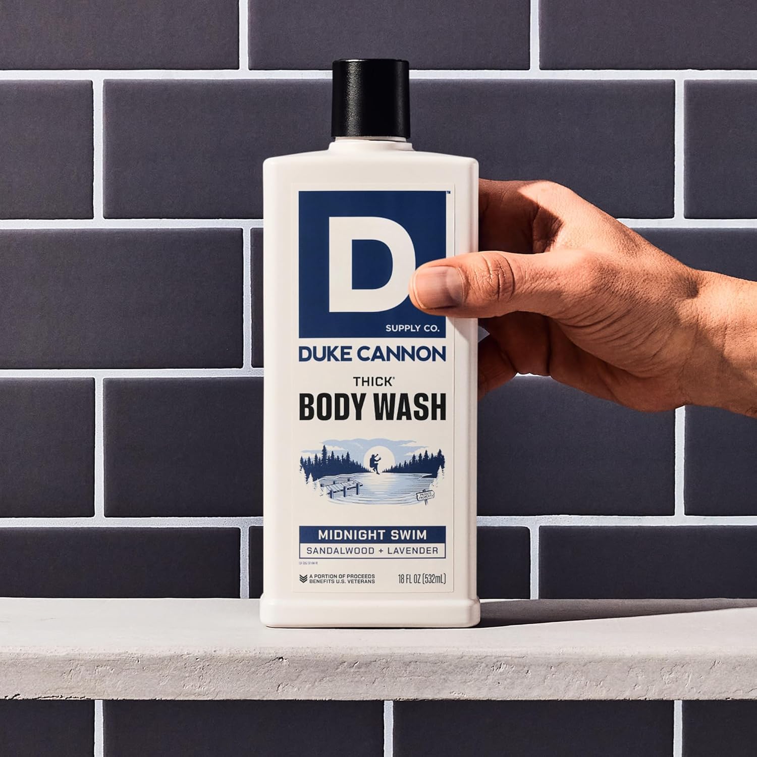 Duke Cannon lather on loofah demonstrating foamy coverage for efficient cleansing