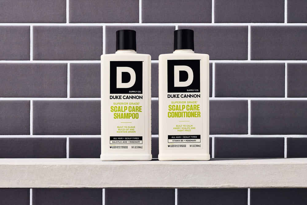 Duke Cannon on bathroom shelf in lifestyle setting, grooming routine appeal benefit