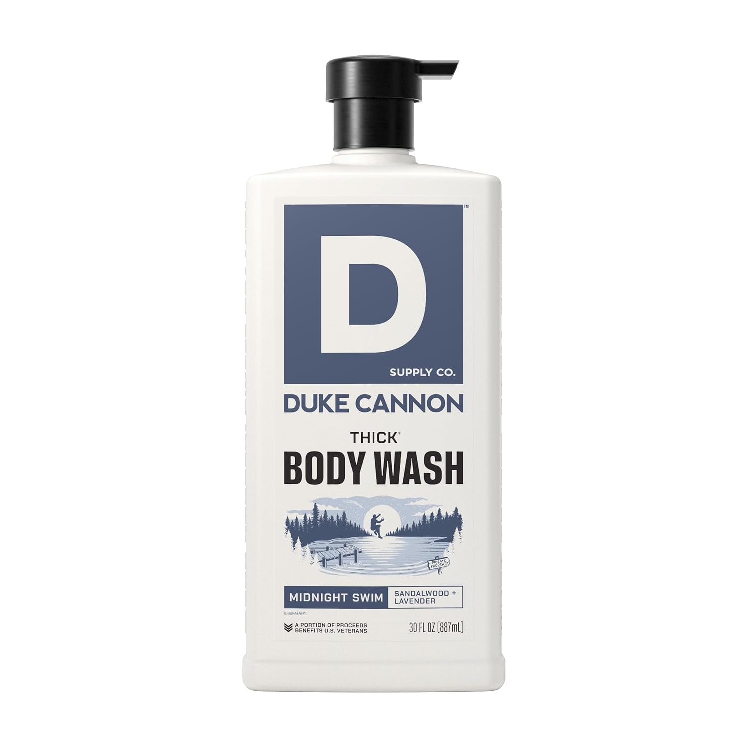 Duke Cannon front bottle showing Midnight Swim label and benefit of concentrated formula