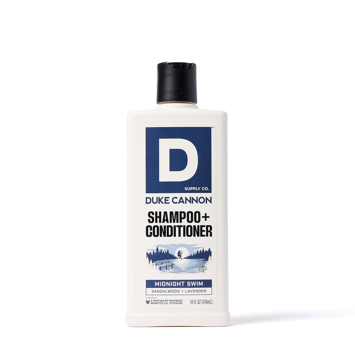 Duke Cannon front bottle showing Midnight Swim label and scent benefit