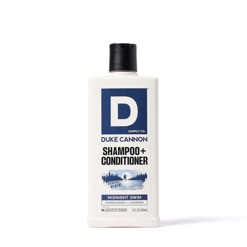 Duke Cannon front bottle showing Midnight Swim label and scent benefit