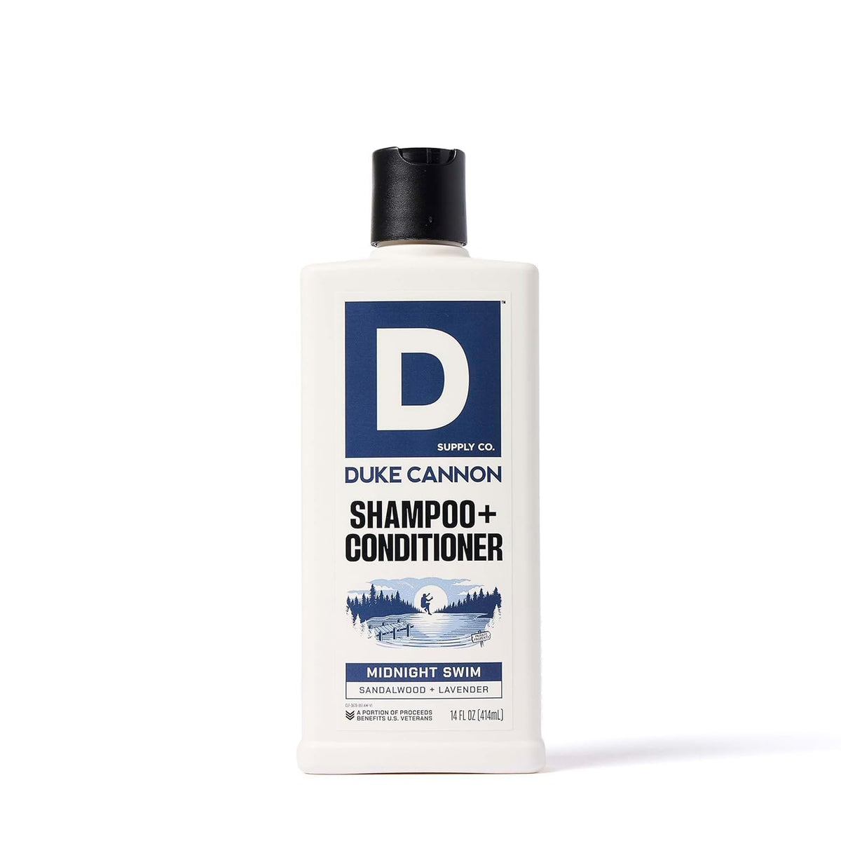Duke Cannon front bottle showing Midnight Swim label and scent benefit