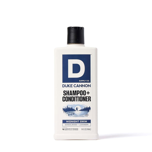 Duke Cannon front bottle showing Midnight Swim label and scent benefit