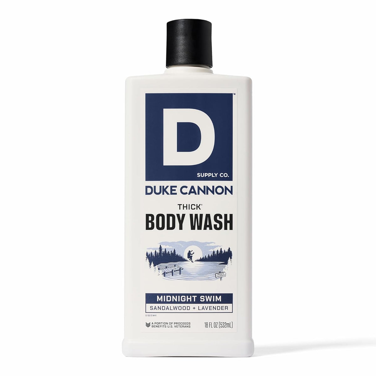 Duke Cannon front bottle showing Midnight Swim scent and strong cleaning benefit