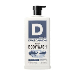 Duke Cannon front bottle showing Midnight Swim label and benefit of concentrated formula