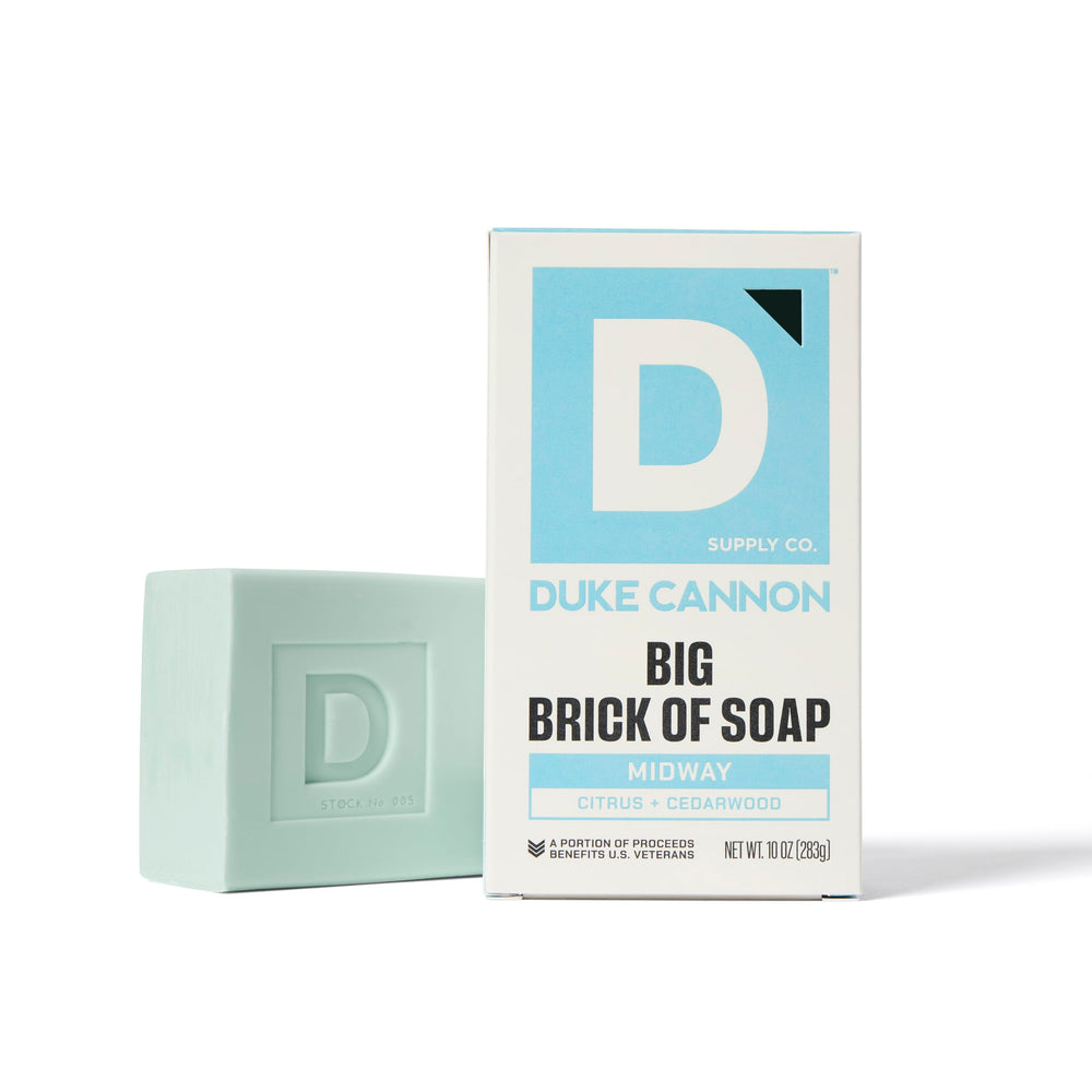 Duke Cannon Midway bar side profile highlighting 10 oz size, emphasizes long-lasting value