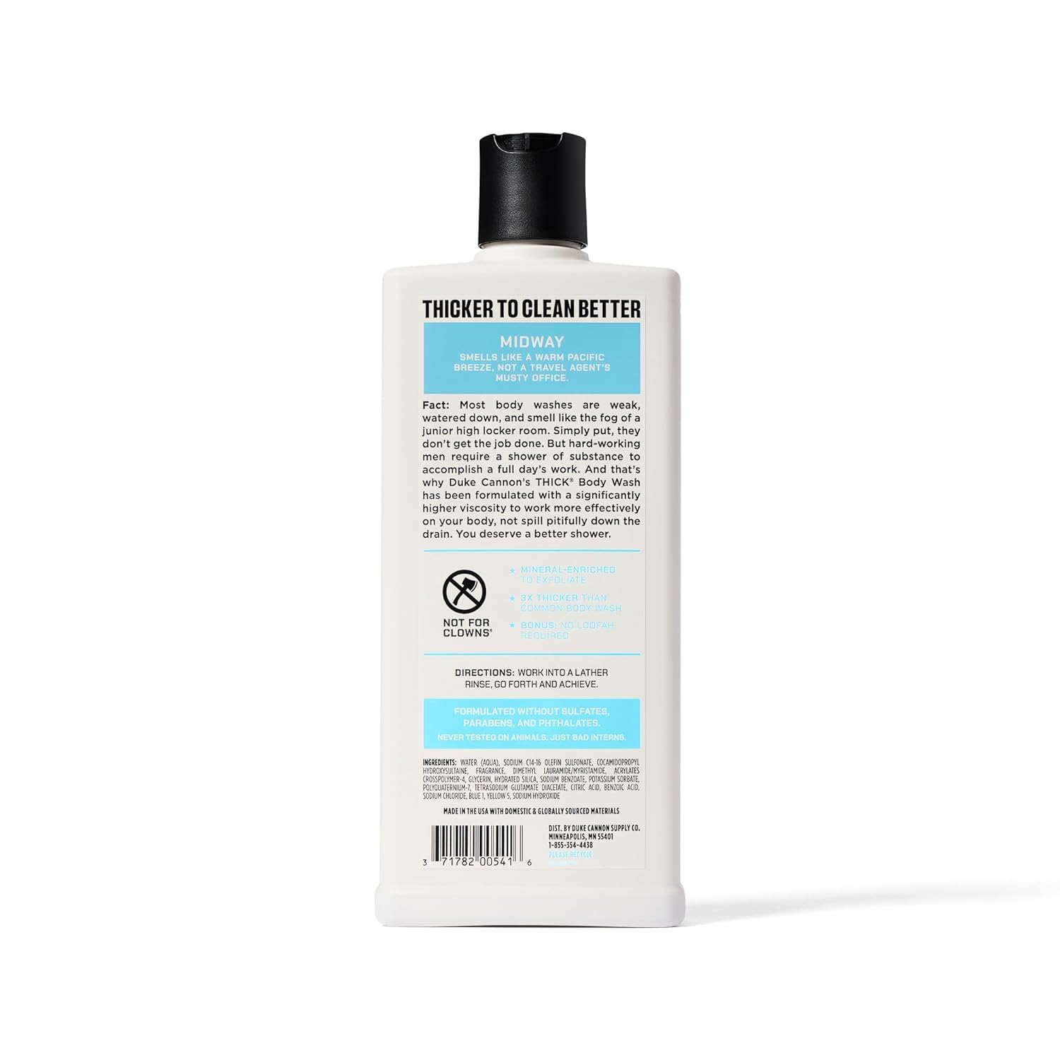 Duke Cannon Midway label highlighting mineral-enriched ingredient benefits