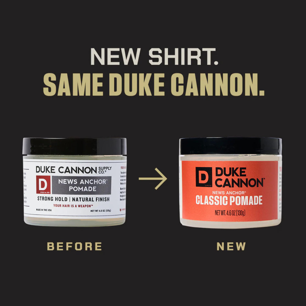 Duke Cannon pomade on fingers being applied to hair for smooth, lasting hold