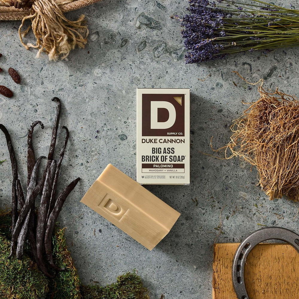 Duke Cannon soap close-up revealing triple-milled texture for durable rich lather