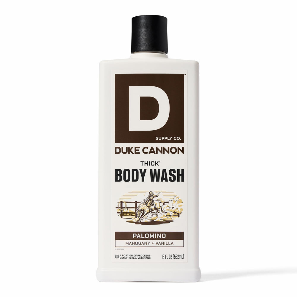 Duke Cannon front packaging showing bottle and Palomino label for confident grooming