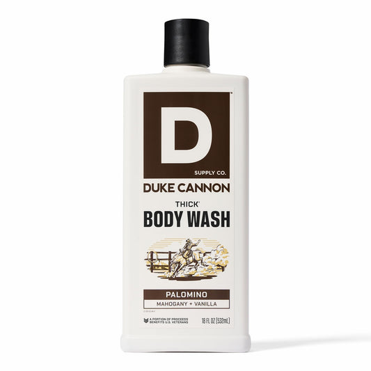 Duke Cannon front packaging showing bottle and Palomino label for confident grooming