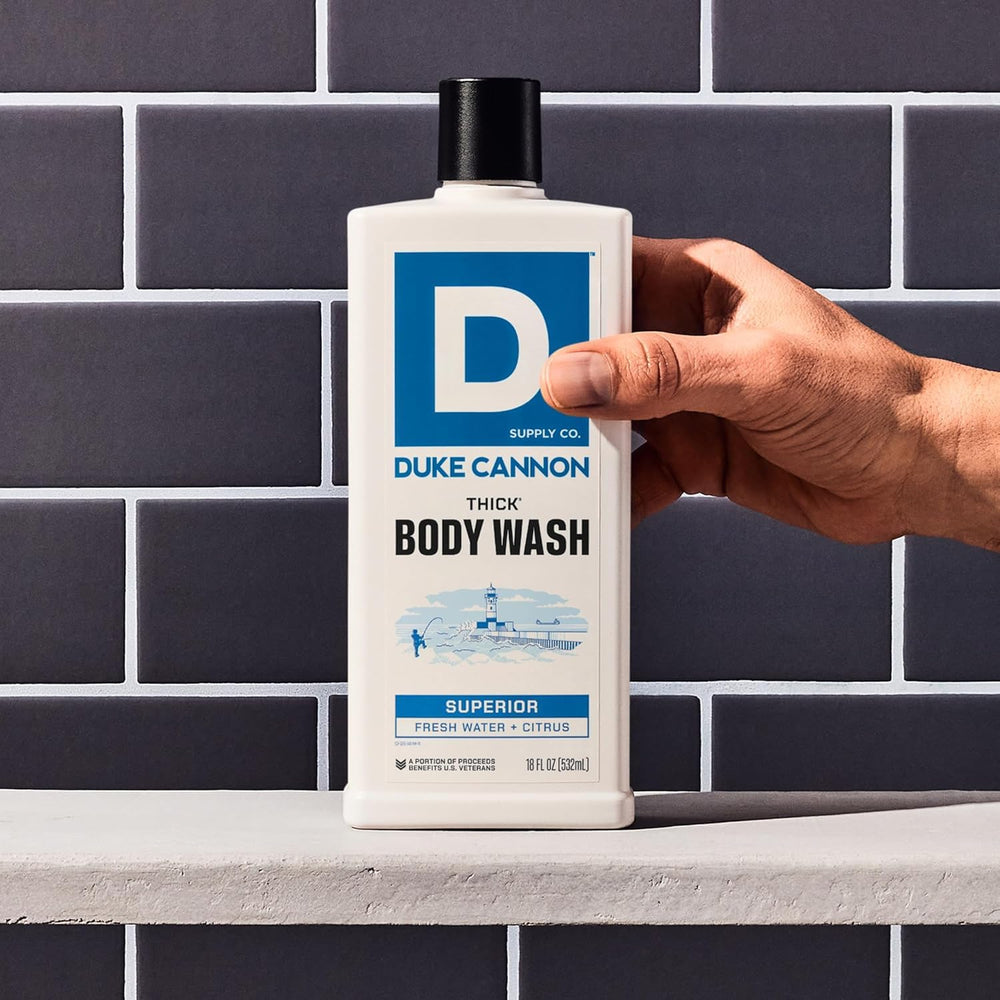 Duke Cannon pump dispensing gel into hand for efficient, no-waste application
