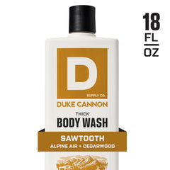 Duke Cannon bottle on shower shelf showing practical use and durable packaging advantage