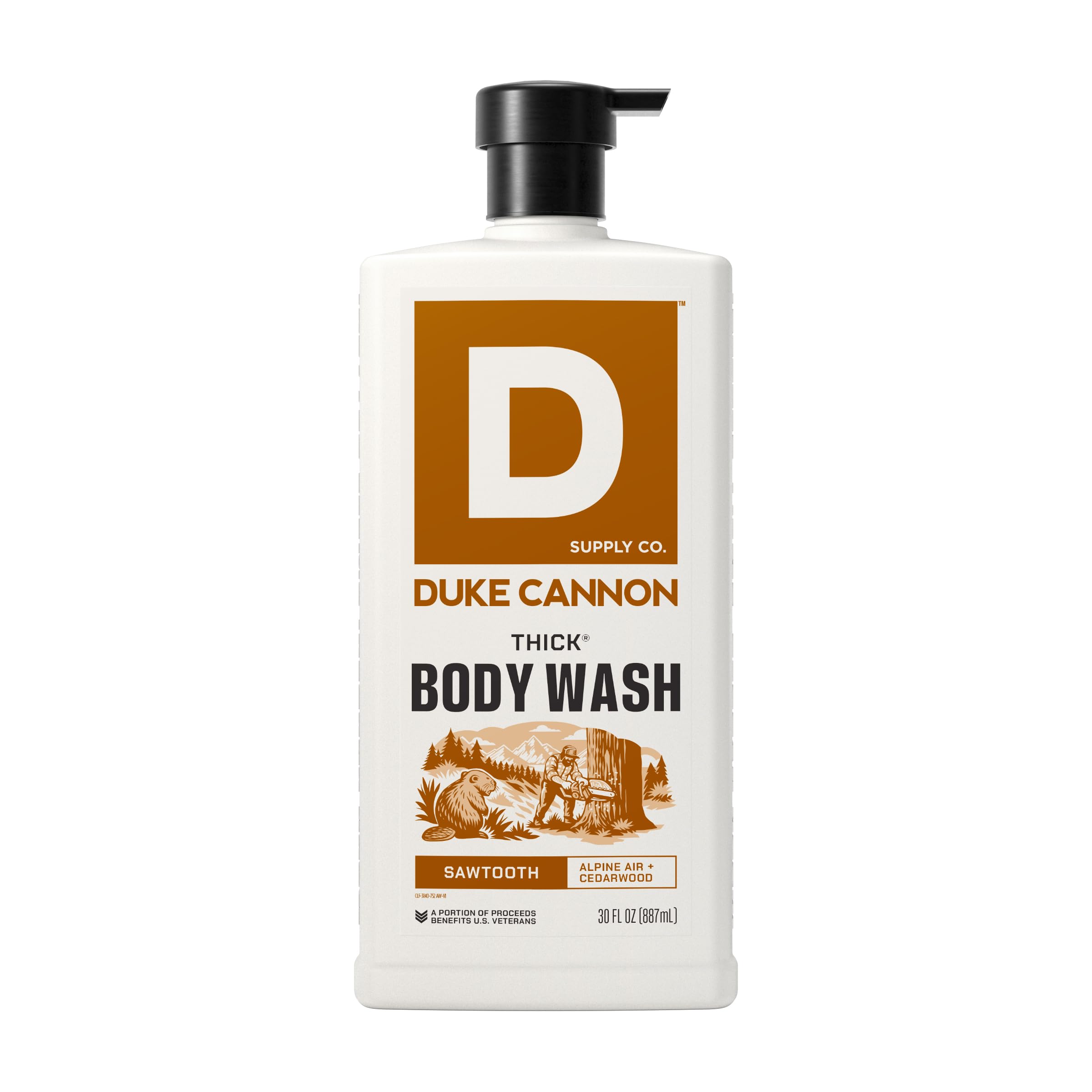 Duke Cannon front bottle shot showing 30 oz packaging and rugged label benefit longevity