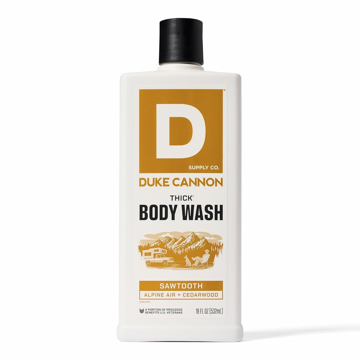 Duke Cannon front bottle showing Sawtooth label and rugged design, boosts confidence