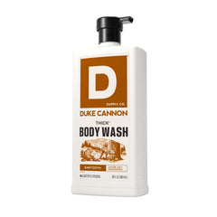 Duke Cannon in-shower lifestyle shot with man using wash conveying freshness after work