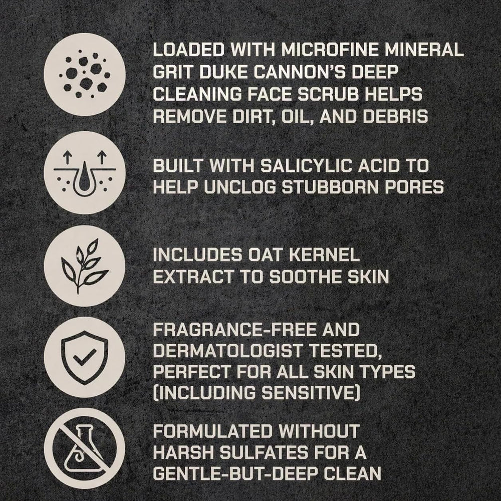 Duke Cannon scrub in hand being applied to face demonstrating effective daily use