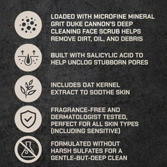 Duke Cannon scrub in hand being applied to face demonstrating effective daily use