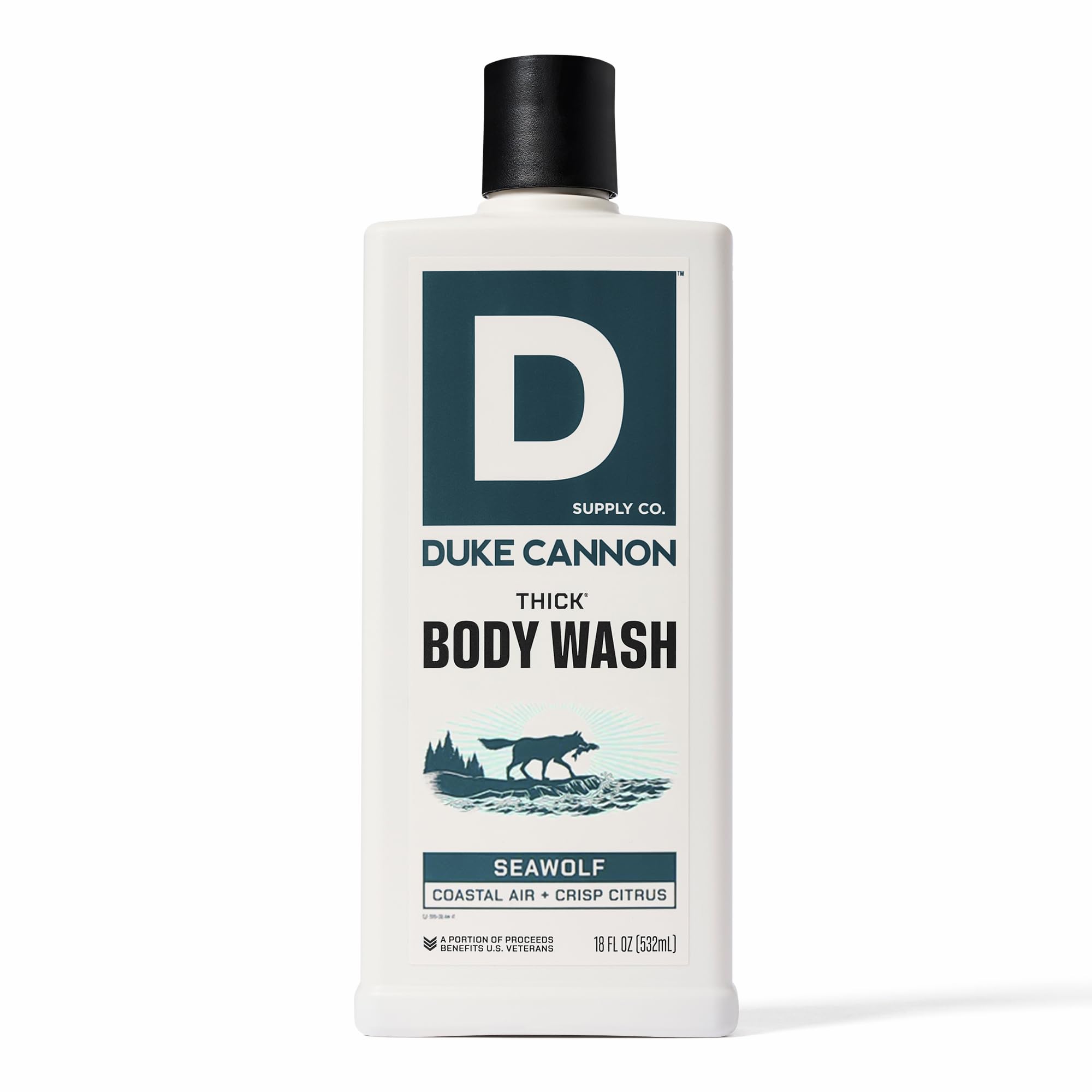 Duke Cannon bottle front view showing Seawolf label and bold packaging benefit